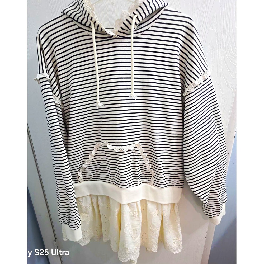 AQUA Women's Large Striped Hoodie Dress Lace Eyelet Skirt Cotton Black Cream L